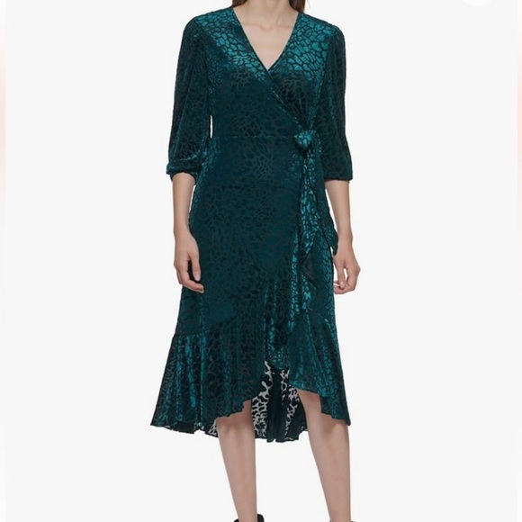Calvin Klein Dark Green Burnout Velvet Faux Wrap Dress with Flounce Hem - NWT 8 - Picture 2 of 15